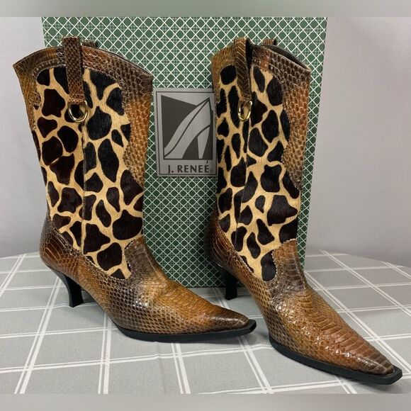 J Renee Womens Size 7.5 Lioness Boots Shoes Snakeskin Fur Giraffe Print Pattern - Picture 2 of 15